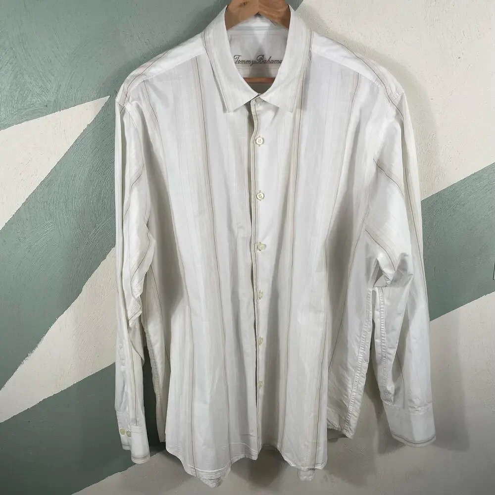Tommy Bahama Men's Button Up‎ Long Sleeve Shirt XL Cream  Striped 100% Cotton
